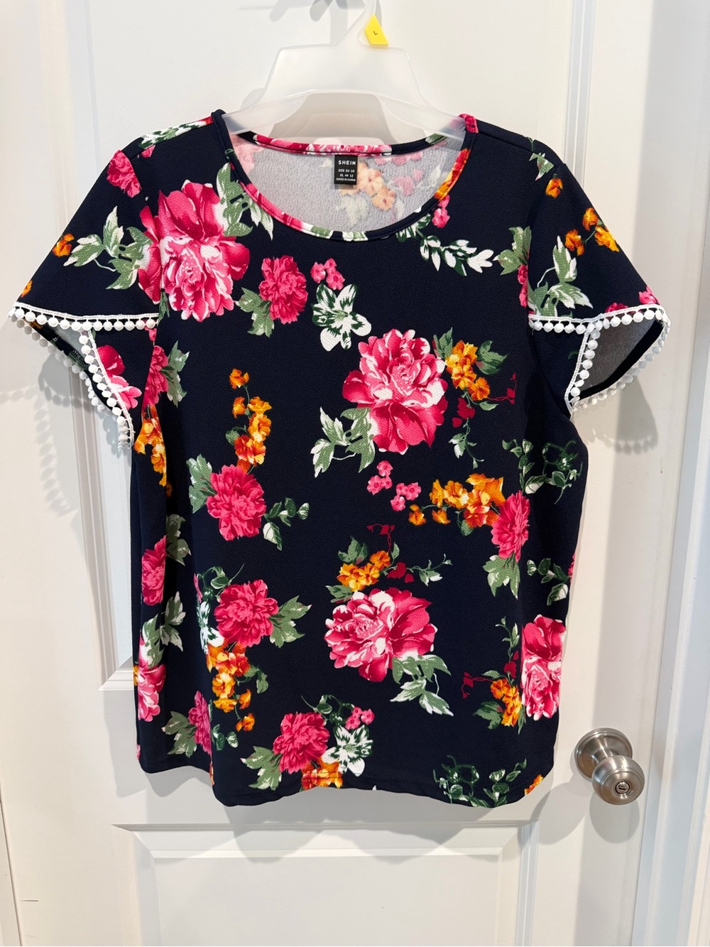 Shein Floral Pom-Trim Short Sleeve Top Size XL